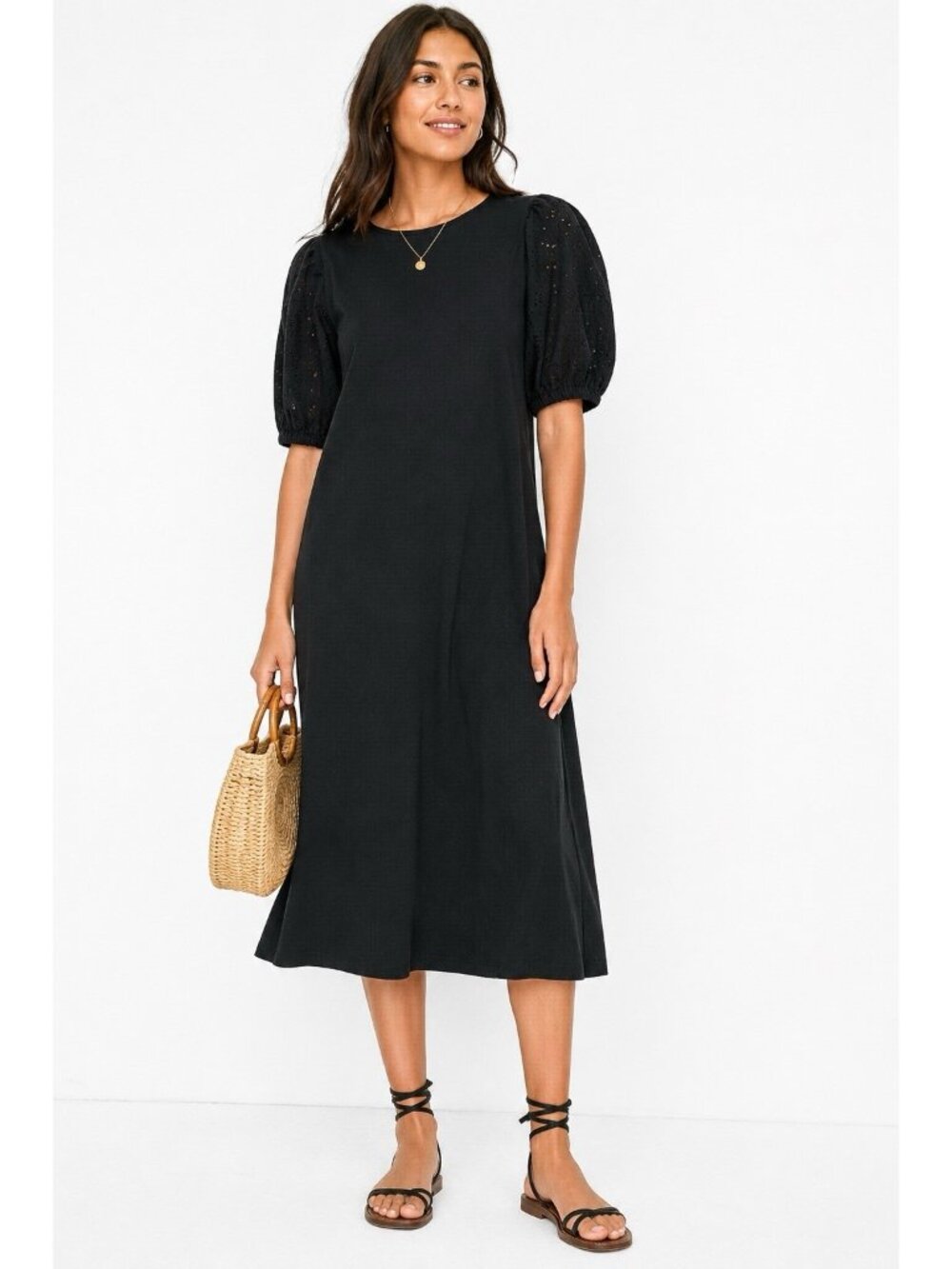 BODEN black midi dress 4 puff sleeve eyelet feminine summer date night retro